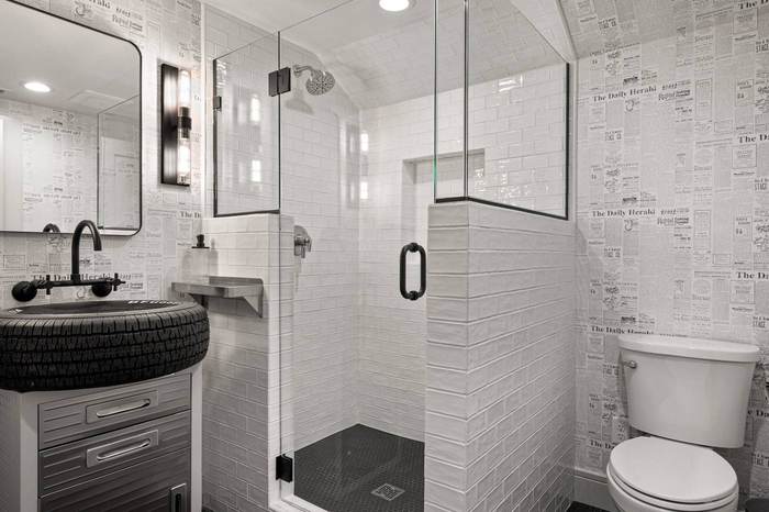 Custom bathroom with subway tile shower and tire-basin vanity
